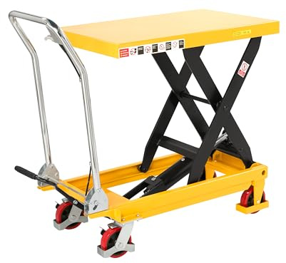 The Workplace Depot Hydraulic Scissor Lift Table with Foot Pump & Hand-Lever Descent Control, Wheeled Yellow Powder-Coated Steel, 300 kg or 500 kg Capacity Workshop & Warehouse Lifter (500kg Capacity)