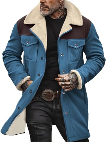 Suede Jacket for Men Stylish Casual Fuzzy Fleece Lined Trench Coats Mid-Length Zip Up Long Sleeve Outerwear Blue