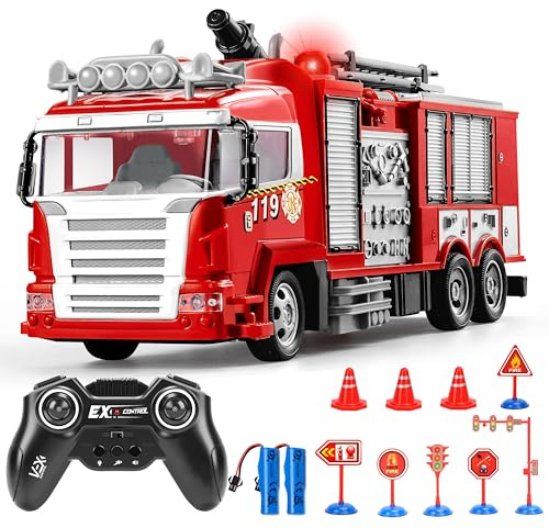 MOMOSTAR Feuerwehrauto Ferngesteuert, 1:18 Feuerwehr Auto mit Licht Sound Wasserspritz, Feuerwehrauto Spielzeug für Kinder ab 3 4 5 6 Jahre, Groß Feuerwehr Spielzeugauto Geschenk für Junge