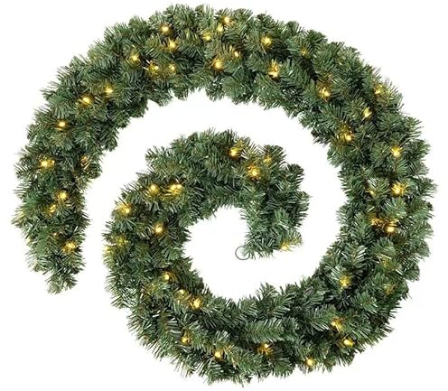Peziang Pre-Lit Christmas Garland 2.7m/9Feet - 8 Warm LED Light Modes, Realistic Faux PVC, Flame-Retardant for Indoor Outdoor Fireplace Staircase Holiday Decoration