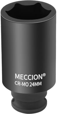 Meccion 3/8 Inch Drive Impact Socket 24mm Heavy Duty Cr-Mo 6 Point Deep Socket, 63mm Length