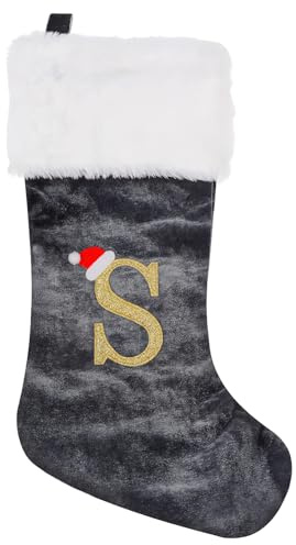 OMUIETIO Christmas Stocking with Letters and Plush Cuffs,-Gray-,20-Inch Large Personalised Christmas Stockings,Christmas Socks for Christmas Tree Decorations, and Gifts for Adults/Children (S)