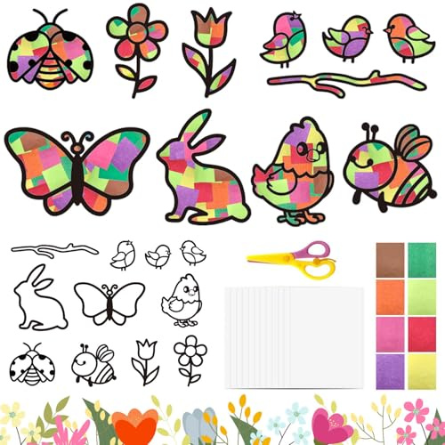 22 Stück Basteln Frühling Ostern Kinder, Fensterbilder Frühling Bastelset mit Blumen, Vögel, Schmetterlinge, Frühlingsdeko Fenster für Ostern, Fenster Dekoration mit Buntglas-Effekt
