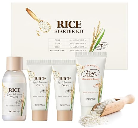 SKINFOOD Rice Starter Kit, Rice Toner, Rice Serum, Rice Moisturizer, and Rice Face Wash for Glass Skin, Korean Skin Care Set, Travel Size Kit, Stocking Stuffers, Gift Set for Women, Skincare Gift Set