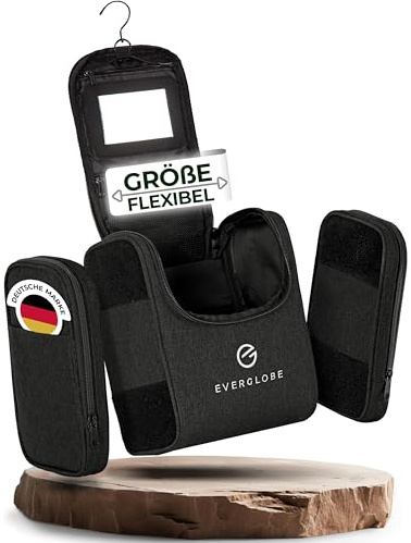 5in1 Kulturbeutel zum Aufhängen mit Spiegel Schwarz | Größe anpassbar 1-7L | Kulturtasche für Damen & Herren | Waschtasche mit Griff und 360° Haken | 25x15x23,5cm | 450g Eigengewicht | Deutsche Marke