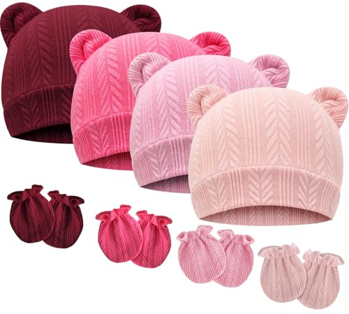 DRESHOW Neugeborenes Baby Mütze Hut und Handschuhe Set Unisex Infant Hut | Für 0–6 Monate, Baby-Baumwolle, Strickmütze mit Bärenohren und Kratzhandschuhen, Mützen für jede Jahreszeit