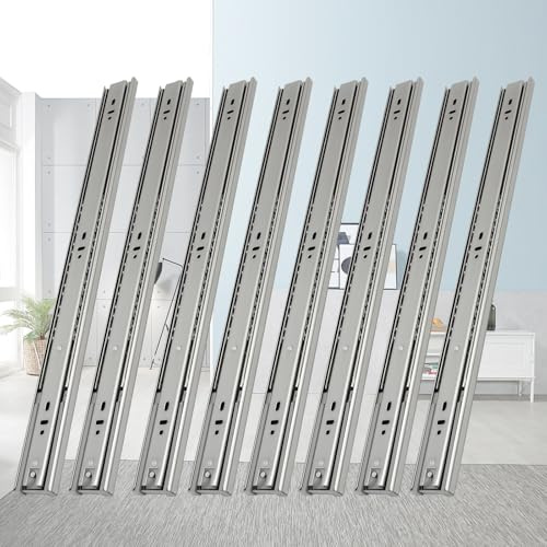 Eikuavons Schubladenschienen Vollauszug mit Selbsteinzug, 4 Paar (8 Stück), 450mm Schubladenauszug Schienen für Schubladen Tragkraft 45 kg, für Küchenschränke und Möbel, 3-fach gefaltet, Silber