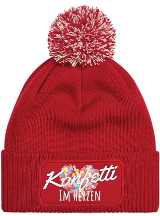 NIMAMA Konfetti im Herzen Bommel Beanie Mütze für Damen & Herren - Wintermütze für Fasching, Karneval & JGA - Lustiger Spruch Strickmütze - Wollmütze als Geschenk für Männer und Frauen
