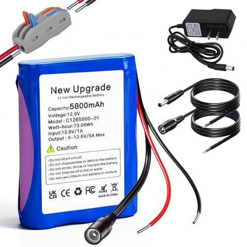OHZHAO 2026 Upgrade 5800mAh 12.6V Akku mit ladegerät & Verbindungslinie für Solar Panel, Radio, Camcorder, Elektronische Orgel, DIY Leselampe, Teleskopen, Sonar, Signalwerkzeug 12V Geräte