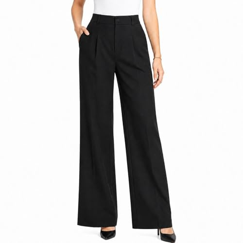 NWDEY Stretchy Work Trousers for Women High Waisted Business Casual Pants, Wide Leg Style Ladies Work Trousers with 2 Pockets Black Work Pants