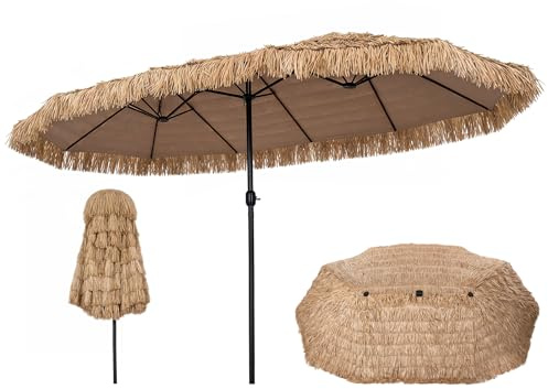 COSTWAY Ombrellone da Giardino in Paglia 450 x 270 cm, con 12 Stecche | Manovella, Antivento, Pieghevole Portatile, Ombrellone Hawaiano per Giardino, Cortile e Piscina