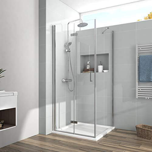 EMKE Eckeinstieg Duschkabine 80 x 80 Falttür Dusche 180º Klappbar Duschwand Duschtür Duschabtrennung Mit Seitenwand 80cm 6mm ESG Sicherheitsglas Eckdusche Komplettdusche