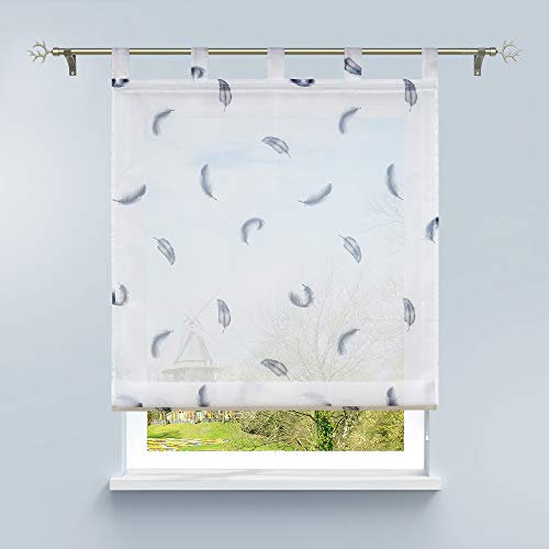 HongYa Raffrollo Voile Schlaufenrollo Transparente Raffgardine mit Schlaufen Küche Vorhang Kleinfenster H/B 140/100 cm Feder Muster