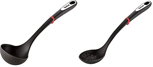 Tefal K2060114 Ingenio Louche ustensile de Cuisine Noir résistant & K2060314 Ingenio Cuillère Écumoire ustensile de Cuisine Noir résistant sans bisphénol A avec Insert Silicone