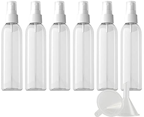 ZEOABSY 6 Stück Transparent Plastik Sprühflaschen mit Weiß Sprüher, 150 ml Leer Kunststoff Nachfüllbar Zerstäuber Sprayflasche Reisen Heim Parfumzerstäuber mit 1 x Trichter