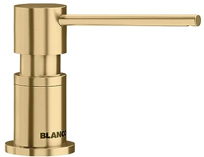 BLANCO LATO Spülmittelspender in satin gold | Passend zu allen BLANCO-Küchenarmaturen | Bequem von oben zu befüllen | Spüli | Seifenspender | 35 mm Lochbohrung | Flascheninhalt 300 ml | Ø 4,5 cm | 35 mm Lochbohrung | Ø 4,5 cm | Flascheninhalt 300 ml | Bequem von oben zu befüllen | Spüli | Seifenspender