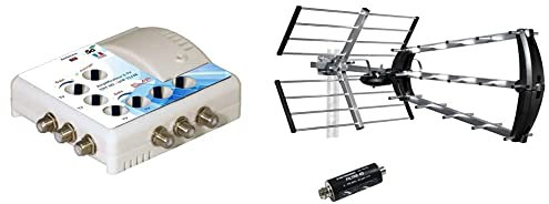 HDME Kit Antenne d'extérieure/intérieure, 4G / 5G Trinappe - 40dB + Amplificateur TV TNT Intérieur - 6 Sorties, Filtre 4G / 5G