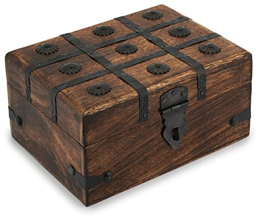 Ajuny Wooden Handcrafted Decorative Pirate Treasure Chest Jewelry Storage Box Cross Shell Strips Multipurpose Use As Keepsake Trinket Holder Ring Necklace Watch Storage Case Great for Gifts 8x6 Inch