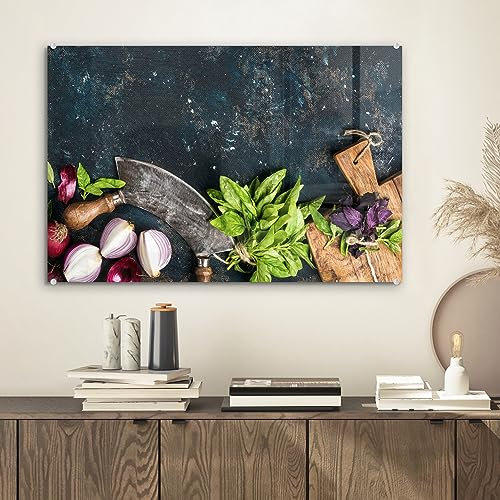 MuchoWow Glasbild Glasfoto Wandbild Bilder Deko 60x40 cm Gemüse - Kräuter - Wiegemesser - Zwiebel - Gewürze - Rustikal