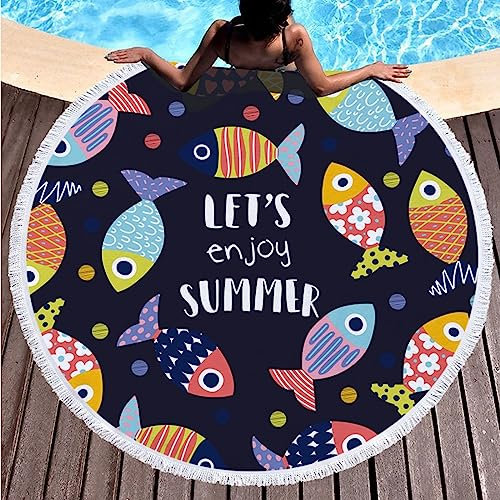 Epinki Hamamtuch Rund 150x150CM, Blumen Fisch Let's Enjoy Summer aus Mikrofaser, Duschtücher Badehandtuch Groß Leicht für Reise, Strand, Sauna - Marineblau Bunt