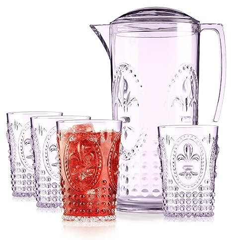 Muldale Plastic Jug with Glasses Set - Acrylic Drinking Jug and Tumblers Set for Garden - Sangria Pimms Water Pitcher - Boho Style - 2300ml