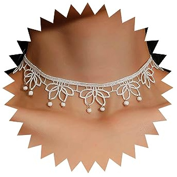 Inateannal Vintage Weiße Spitze Choker Halskette Weiße Spitze Blumen Halskette Hohle Breite Spitze Halskette Tattoo Spitze Perlen Anhänger Halskette Schmuck Für Frauen Und Mädchen