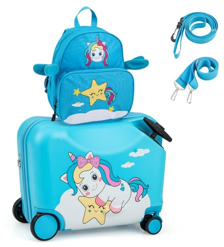 COSTWAY 2tlg Kinderkoffer + Rucksack, 12+18 Kindertrolley mit Rollen und wasserdichter Hartschale, Kindergepäck, Rollkoffer mit Rucksack für Jungen und Mädchen (Blau Einhorn)