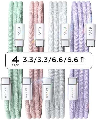 LISEN 60W Câbles USB C Charge Rapide Câbles USB C vers USB C Nylon Tressé | pour iPhone 17 Samsung S25 Ultra iPad Air MacBook Pro Google Pixel 9 Xiaomi Switch PS5 Tablet, Lot de 4, 1M+1M+2M+2M, Coloré