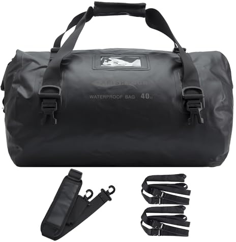 AFISHTOUR 40L wasserdichte Motorrad-Duffelbag – Motorrad-Gepäcktasche für den Rücksitz mit Befestigungsgurten – Rollverschluss-Drybag für Kajak, Rafting, Bootfahren, Camping, Reisen, Strand (Schwarz)