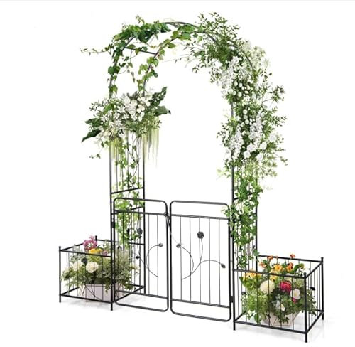 Arche de jardin en métal avec portail et pot de fleurs latéral, arche de jardin en métal avec portail verrouillable, tonnelle supérieure arquée, arche en treillis arqué robuste pour plantes