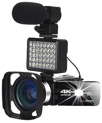 nmbhus Videocamere Digitali 4K Blogger Live Cast Streaming Camcorder for UHD 18X Zoom WiFi Vlog Webcam Videoregistratore(128G SD Card,Mic Light Hood Lens)