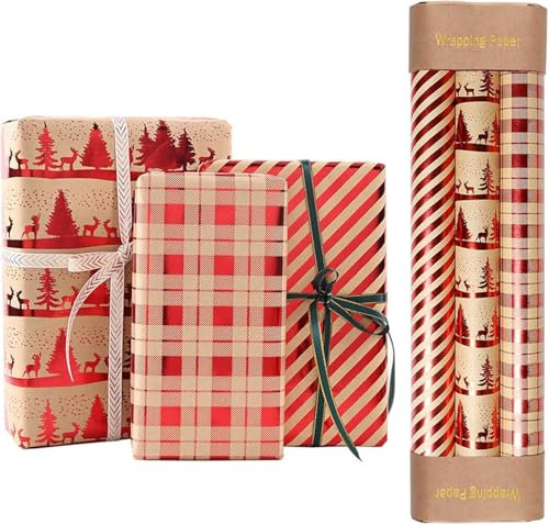 Weihnachtsgeschenkpapier - 3 Rollen Weihnachtspapier mit Kraft, rotem Karo, Streifen, Rentier und Metallfolie für Geschenkverpackungen -17 * 120 in/Rolle