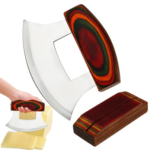 Buerfu Tagliapizza, tritatutto per insalata Mezzaluna - Chef Mezzaluna Ulu Tagliere,Manico ergonomico Taglierina da cucina in acciaio inossidabile con supporto in legno per aglio, cioccolato
