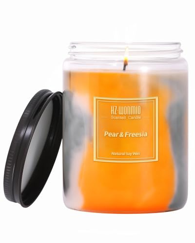 HZ-WONMIO Bunte Duftkerzen|Freesie & Birne Kerze|Sojawachs-Glas Kerze|9.5oz 80 Stunden brennen|Extra starke und lang anhaltende Aromatherapie Kerze|Geburtstag Kerze|Beste Freundin Geschenk für Frauen