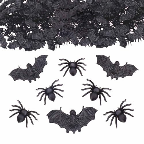 ParPix Halloween Deko: 100 Stück Schwarze Spinnen Streudeko, Horror Party Fledermäuse Konfetti, Spinne Fledermaus Tischdeko, Gruselige Deko, Prank