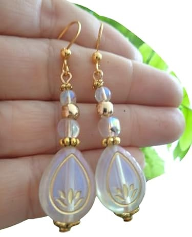 ◦•●◉ஐ SCHIMMERND GOLDENE LOTUS BLÜTE GLAS OHRRINGE ஐ◉●•◦ durchscheinend - goldene Ohrringe mit Acryl, Glas & Metall
