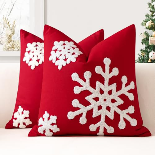 JOTOM Set di 2 Federe de Cuscini 50x50 cm Decorativi Natalizi Invernali a Fiocco di Neve Copricuscini Ricamati Fodere Cuscini Fodere per Vacanze Decor Morbide per Divano Camera da Letto (Rosso)