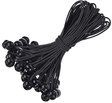 YOKIVE 50Pcs Tarp Ball Bungee Cord, Elastic Tie-Down Strings with Balls | Great for Outdoor Camping, Cargo Shelters, Tent Poles, Tarp Securing Black(12)
