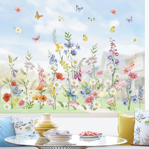 wondever Fenstersticker Blumen Gänseblümchen Fenster Aufkleber Frühling Blumen Schmetterling Fensterbilder Fensteraufkleber Anti-Kollision Doppelseitig Glasaufkleber Frühling Sommer Glas Deko
