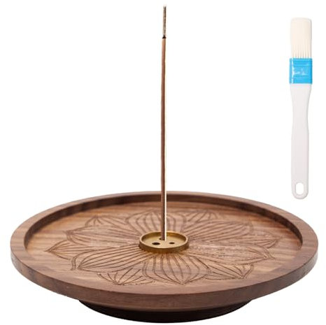 Bofanze Porte-encens Lotus en Bois 12cm Bruleur Encens Rûleur d'Encens en Bâton Porte Encens en Laiton Porte-encens en Bois avec Support en Laiton 3 Trous et Brosse pour La Décoration de La Maison