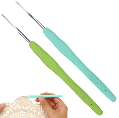 JJUNW 2 piezas de mini juego de agujas de ganchillo, pequeñas agujas de ganchillo de 0,5 mm y 0,6 mm con mango suave, agujas de ganchillo y de tejer, juego de agujas de ganchillo ultra finas para