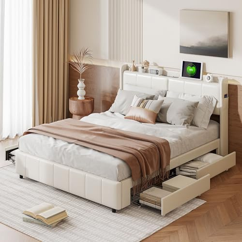 BHFFTHK Polsterbett Doppelbett 160x200,Stauraumbett mit 4 Schubladen,LED Kopfteil mit USB,Rückenlehne Bett mit Stauraum und Lattenrost aus Holz,PU-Leder,Jugendbett Bettgestell,Weiss