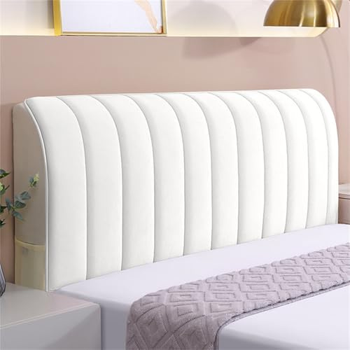 Hearda Elastischer Bettkopfteilbezug aus Samt, Streifen, All-Inclusive, staubdicht, weich, bequem, Kopfteil-Schonbezug, flauschige Kopfbedeckung für Schlafzimmer-Dekor (200 cm, Weiß)