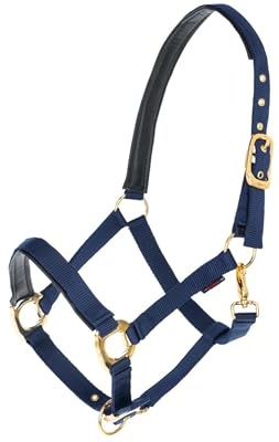 Brama West Halfter Pferd Golden Line Pferdehalfter mit Goldenen Beschlägen (Navy, Pony)