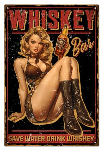 WADORN Vintage Pin Up Lady Whisky Metallschilder Whisky Wandkunst Poster | lustiges retro blechschild; robust und langlebig;20x30cm; antik-optik plakette dekor; witzigen sprüchen;Für Bar Männerhöhle
