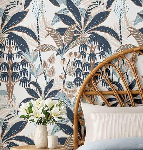 S4Sassy Revêtement Mural Autocollant, Motif Bananier Tropical, Amovible - Papier Peint Instantané Bleu Pour Salle De Bain, Buanderie, Placard - Papier Peint Vinyle Autocollant - 63,5 X 914 Cm