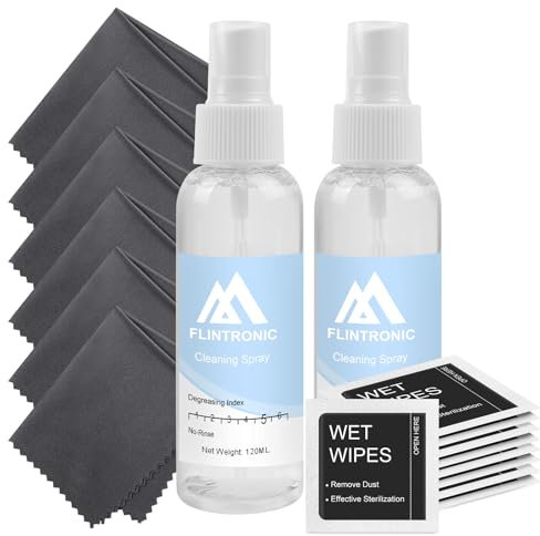 Flintronic Pack de 2 Espray Limpiador de Gafas con 120 ml, 6 Pcs Paños de Limpieza para Lentes, 10 Pcs Toallitas Limpiadoras de Gafas, Suave y profunda de Tus Lentes