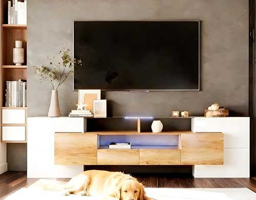 LANTRO JS TV Kommode in Marmoroptik, TV Möbel mit LED Beleuchtung, Hochglänzender TV Lowboard Wohnzimmermöbel 145CM Lang Mehrere Schränke, Weiss und Holzfarbe