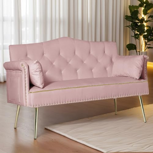 55 Modern Velvet Loveseat Sofa with Side Pocket, Tufted Backrest, 2 Seater Couch with 2 Pillows and Golden Metal Legs, Small Sofa for Living Room Bedroom Office (Pink)