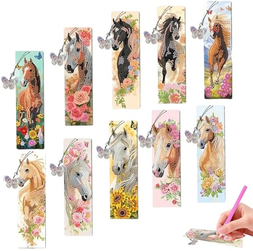 10 Stück Diamond Painting Lesezeichen Pferd, Diamant Malerei Lesezeichen mit Anhänger, 5D Diamant Painting Bookmark, DIY Spielzeug Geschenke